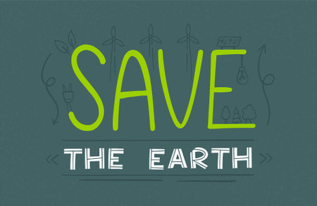 Vector lettering on the theme of ecology. Save the Earth and protect the nature. Letters in doodle style.のイラスト素材