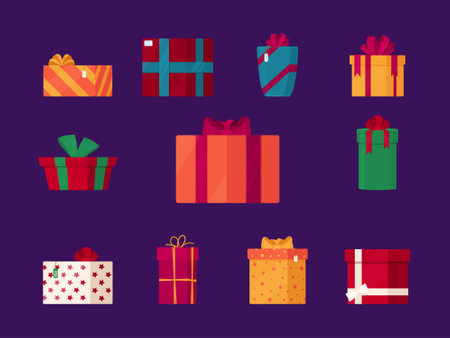 Vector illustration of a pattern of gifts on a purple background. Seamless illustration of gift boxes. New Year's greetings.のイラスト素材
