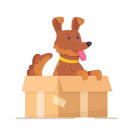 Shelter puppy sitting in a box. Vector illustration of shelter puppy. Waiting for a new owner.のイラスト素材