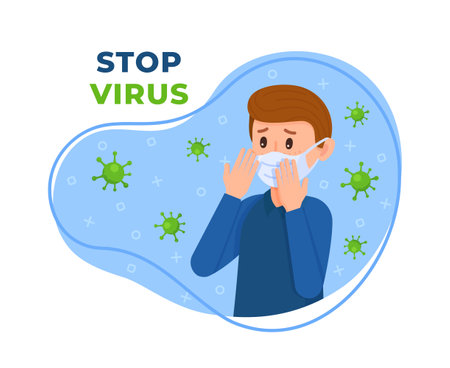 Vector illustration of stop virus. Concept of a man with virus. The disease is taking over the world. Vaccination and protection against the virus.のイラスト素材