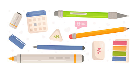 Set of various stationery products. Vector illustration of office supplies on white background. Pen, pencil, marker, eraser, bookmarks, sharpener, etc.のイラスト素材