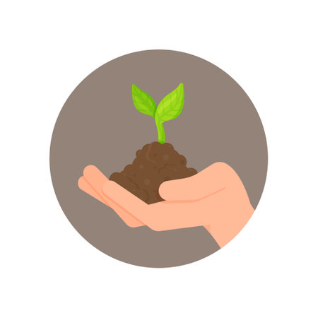 Ecology sign. Care and environmental development. planter. Vector illustration of a seedling in his hand. gardener holding a green sprout in his hand.のイラスト素材