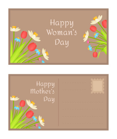 Postcards for Women's Day. Vector illustration of congratulations to girls on March 8. Spring holiday.のイラスト素材