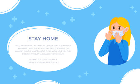 Vector illustration of the concept of stay home. A girl sick with a virus stands in a mask isolated on a blue background. masked mode. Get the vaccine!のイラスト素材