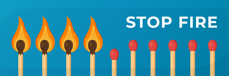 Vector illustration of stop fire. Attention, stop fire do not make fire or fire zone flame, Not allowed. Lighted matches and clean matches are isolated on a blue background.のイラスト素材