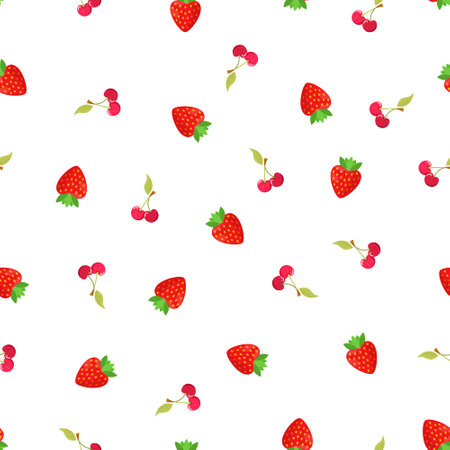 Vector seamless pattern with cherries and strawberries by summer. Endless illustration with delicious tropical fruits and berries.のイラスト素材