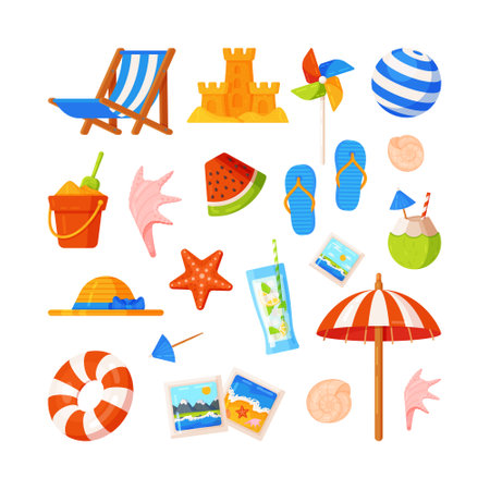A set of cute summer icons: food, drinks, slippers, fruit and bouncy toys. bright summer poster. Collection of scrapbooking elements for a beach party.のイラスト素材