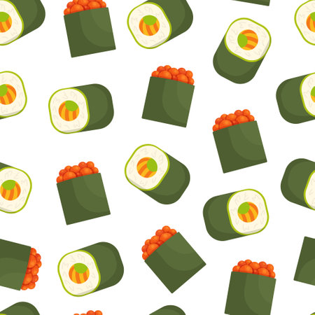 The pattern of a delicious Asian dish. Sushi and rolls. Vector illustration of a seamless drawing of sushi. Japanese food.のイラスト素材
