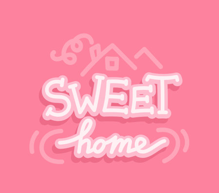 Hand-painted "sweet home" lettering. Vector illustration of white lettering on pink background. Sweet home for card, print, textile, poster.のイラスト素材