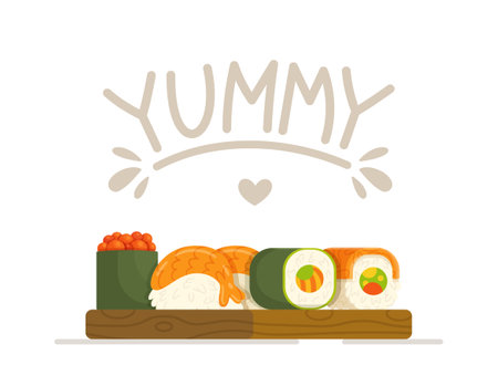 Vector illustration of different sushi and rolls on the board. Asian food. Yummy. Delicious Japanese food.のイラスト素材