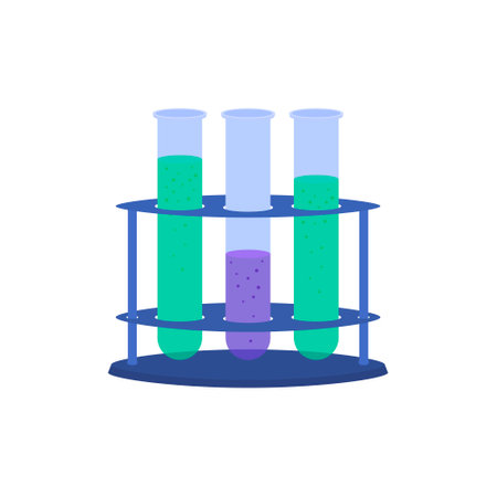 Glass test tubes with different substances. Vector illustration of test tubes in a rack. Conducting an investigation.のイラスト素材