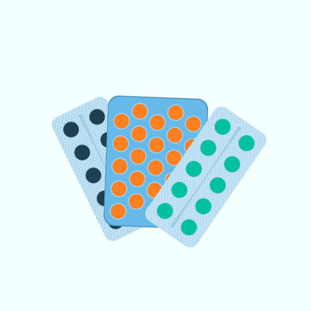 Vector illustration of a set of medical drugs on a blue background. Standard surgical kit. First aid kit for a patient.のイラスト素材