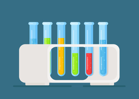 Glass test tubes with different substances. Vector illustration of test tubes in a rack. Conducting an investigation.のイラスト素材