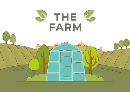 farm. Vector illustration of agriculture. Rural landscape with field, trees, grass and greenhouse.のイラスト素材