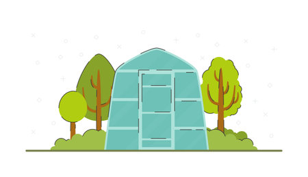Garden with fruit trees, bushes, flowers. Vector illustration of a household. Greenhouse.のイラスト素材