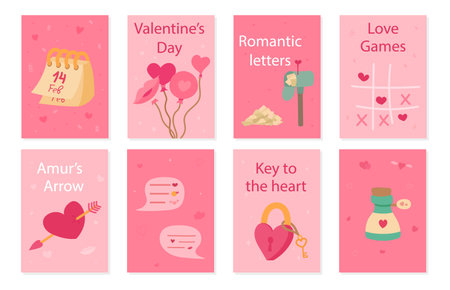 Valentines day greeting cards set. Vector illustration in flat styleのイラスト素材