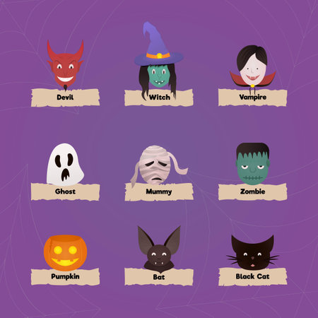 Vector illustration of a set of monster heads and masks for Halloween.のイラスト素材