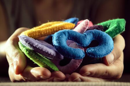 Multi-colored figures of felt in the palms. Toy felt symbols. 2017
