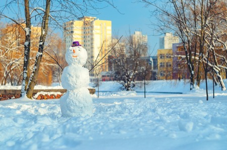 Snowman with purple hat in city parkの写真素材
