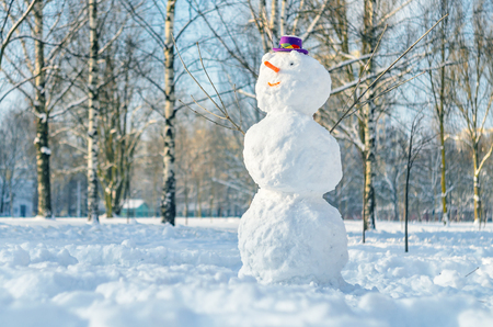 Snowman with purple hat in city parkの写真素材