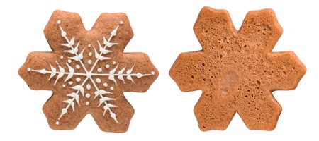 Christmas gingerbread snowflake isolated on white background. The front and bottom sidesの写真素材