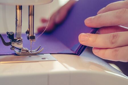 Scrapbooking Design Sewing Machine Concept. Work seamstress closeup
