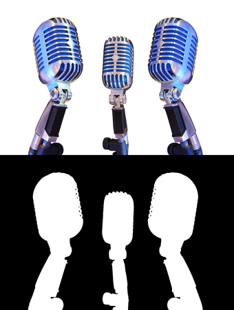 Three vintage microphone isolated with alpha mask on white background.の写真素材