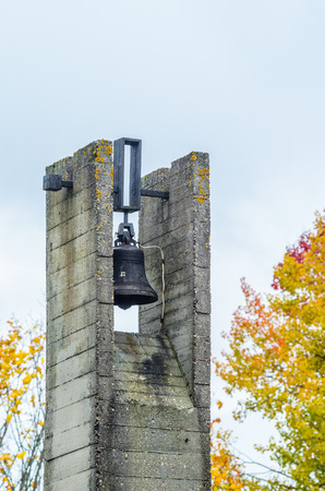 Khatyn, Belarus - 14 October 2017: memorial complex Khatyn, cemetery annihilated villages. Bell in the memorial complex of Khatynのeditorial素材