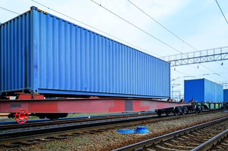 Transportation of cargoes by rail in containers. Railway infrastructure background