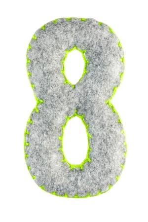 Number 8. Hand made number Eight from grey felt isolated on white background. Set of numbers from grey felt toys. Soft font with rounded edges for use in designの写真素材