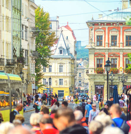 Lviv, Ukraine- September 1, 2018: The Center of the old Town Near the Market Square. Tourism Conceptのeditorial素材