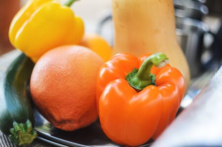 Outdoor still life of vegetables for grillingの写真素材
