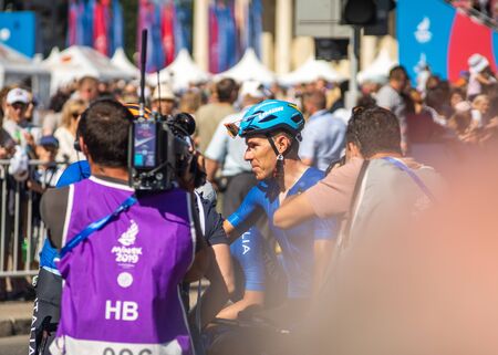 Minsk, Belarus - 23 Jun 2019: The cycling competitions of the 2019 2nd European Games in Minsk, men's road race. Group bicycle race for 180 km through the streets of city. Italy Winner BALLERINI Davideのeditorial素材