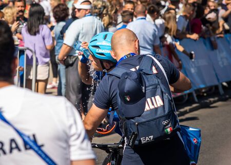 Minsk, Belarus - 23 Jun 2019: The cycling competitions of the 2019 2nd European Games in Minsk, men's road race. Group bicycle race for 180 km through the streets of city. Italy Winner BALLERINI Davideのeditorial素材