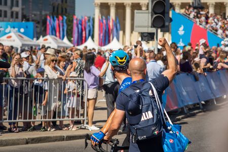 Minsk, Belarus - 23 Jun 2019: The cycling competitions of the 2019 2nd European Games in Minsk, men's road race. Group bicycle race for 180 km through the streets of city. Italy Winner BALLERINI Davideのeditorial素材