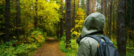 A man with backpack walks in the amazing autumn forest. Hiking alone along autumn forest paths....