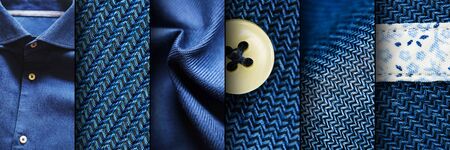 Collage of blue shirt fabric textures. Blue Fabric Setの写真素材