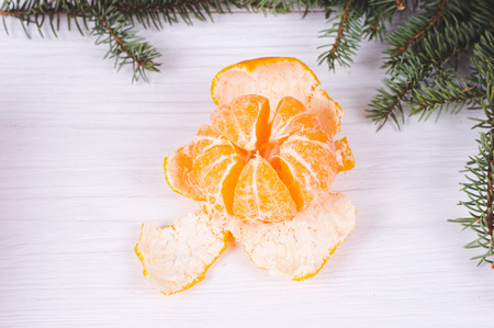 tangerine and  fir branches on a white wooden background. Christmas & New Year  concept.の写真素材