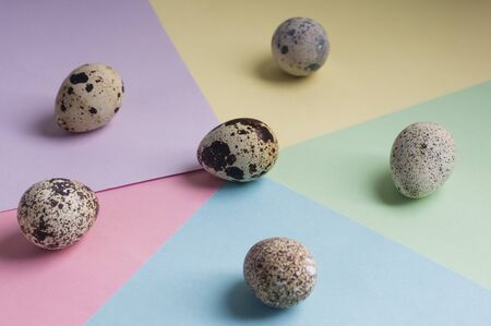 heap of quail eggs on color background. Vegetarian organic  eco food.の写真素材