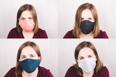 collage of four portraits of the same woman in different handmade and protection medical surgical  face  masks against coronavirus.  Ð¡oronavirus preventive gearの写真素材
