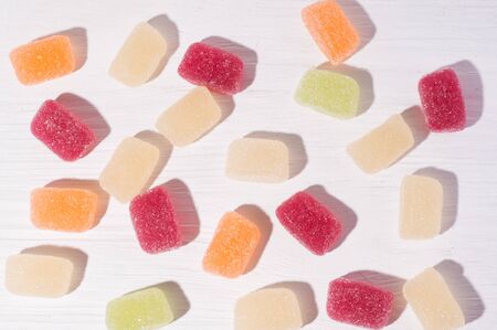 Macro photo of multi-colored marmalade jelly candy's. The sweetness of jelly candy. Different marmalade colorful fruit jelly sugar candies.の写真素材