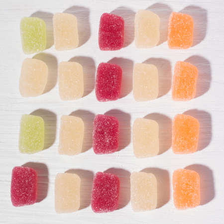 Macro photo of multi-colored marmalade jelly candy's. The sweetness of jelly candy. Different marmalade colorful fruit jelly sugar candies.の写真素材