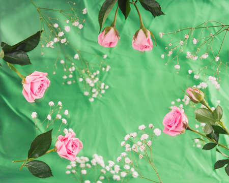 Pink roses on green background. Flat position, view from aboveの写真素材