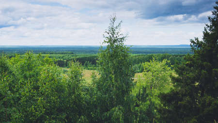 view from a high hill to the valley with trees and the horizon in the distanceの写真素材