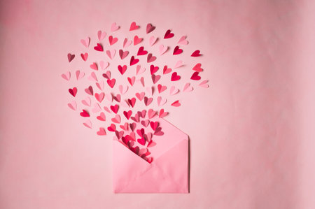 red and pink paper hearts in open pink postal envelope on pink background. Valentine's day gift.