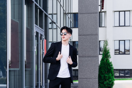 handsome young man in a black shirt standing against the backdrop of city buildings and looking away through black sunglassesの写真素材
