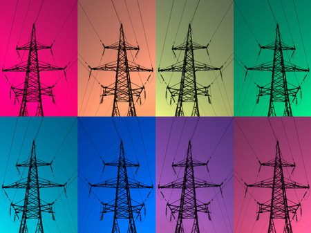 High voltage electric tower silhouette on bright background. collageの写真素材