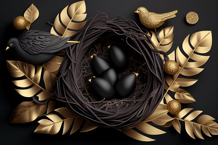 Nest with black and gold decor. stylish elegant easter background. AI generated.の素材