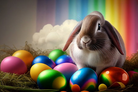 Happy Easter bunny with many colorful easter eggs, generative AIの素材