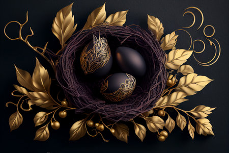 Nest with black and gold decor. stylish elegant easter background. AI generated.の素材